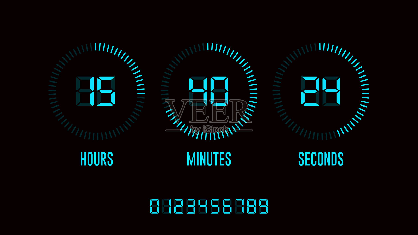 倒计时数字时钟，霓虹灯时钟计数器，显示小时、分钟和秒，发光记分牌，剩余时间显示板，矢量EPS 10插画图片素材