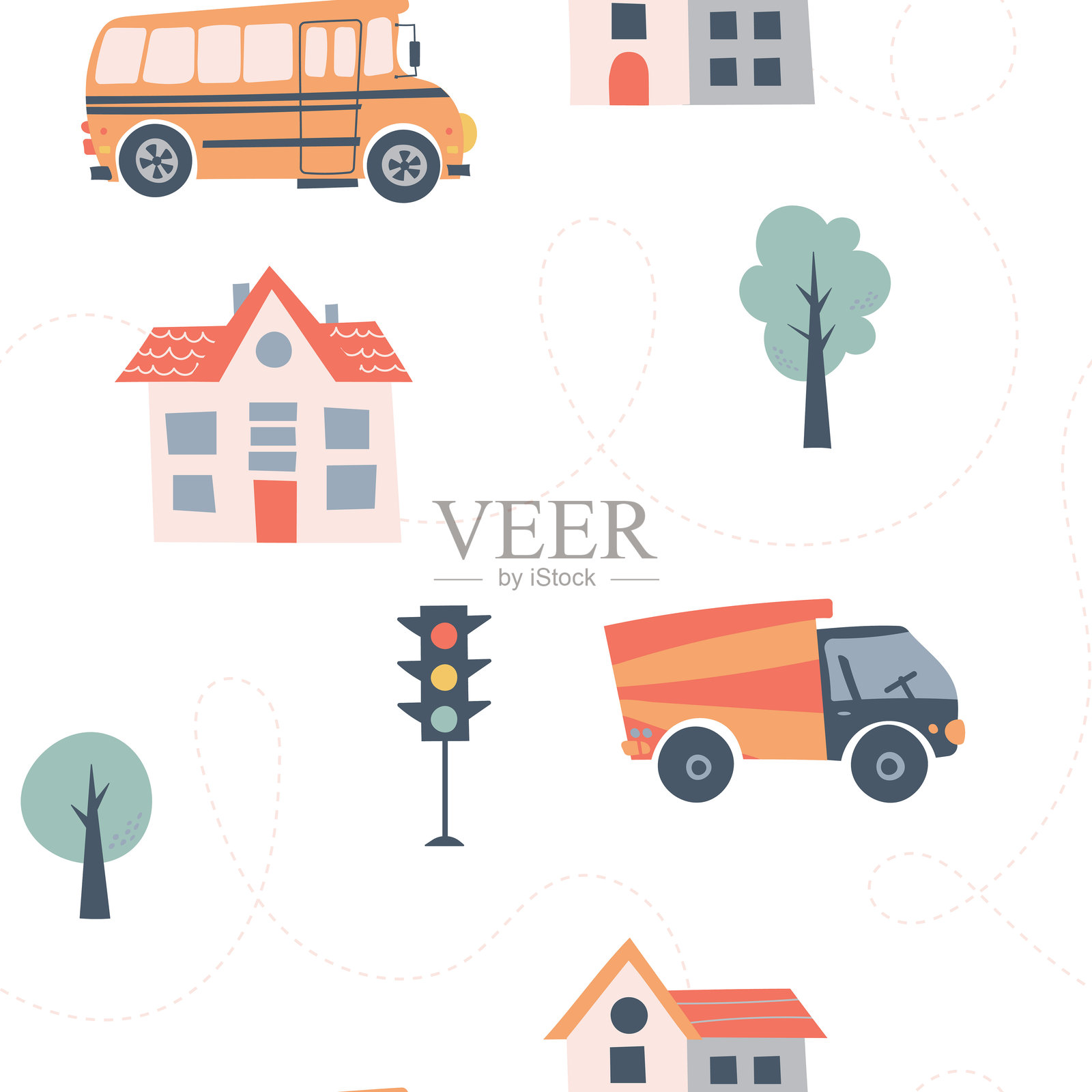 儿童汽车巴士道路无缝图案插画图片素材