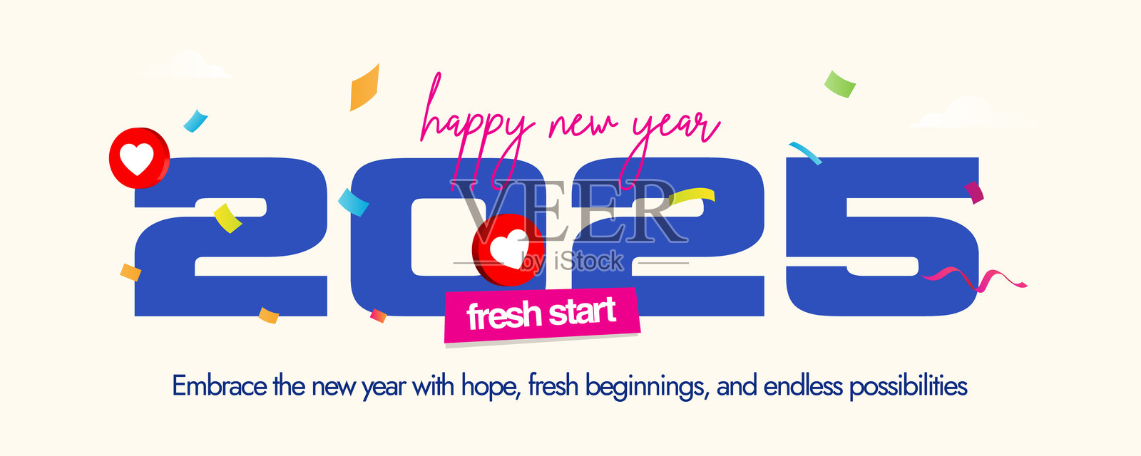 2025年新年封面横幅。2025年快乐新年庆祝社交媒体封面横幅，带有心形图标和五彩纸屑。全球庆祝活动设计矢量插图。插画图片素材