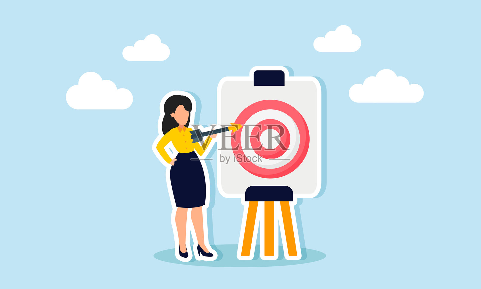 女商人手持飞镖瞄准靶子，说明为公司规划或设定业务目标插画图片素材