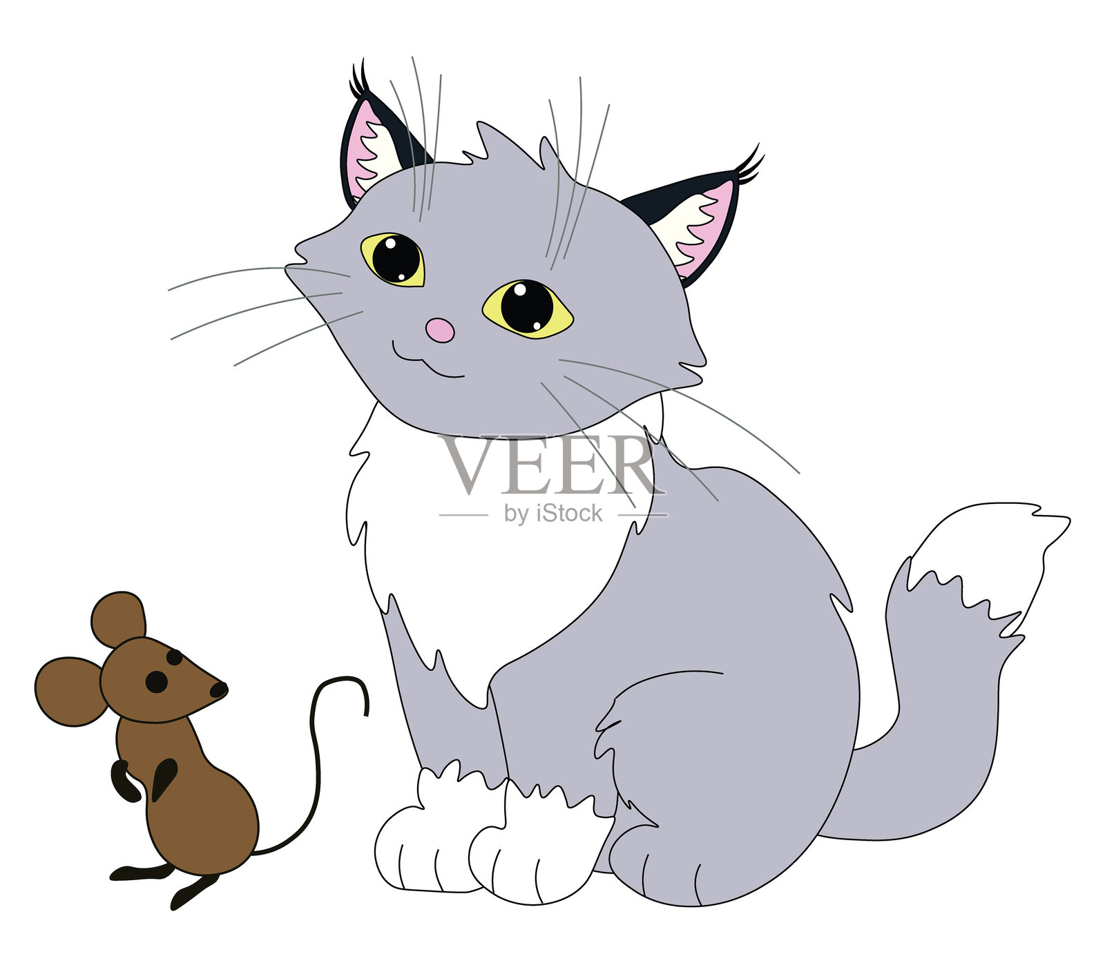 可爱的快乐灰猫与白爪子坐在棕色老鼠旁边，库存矢量图插画图片素材