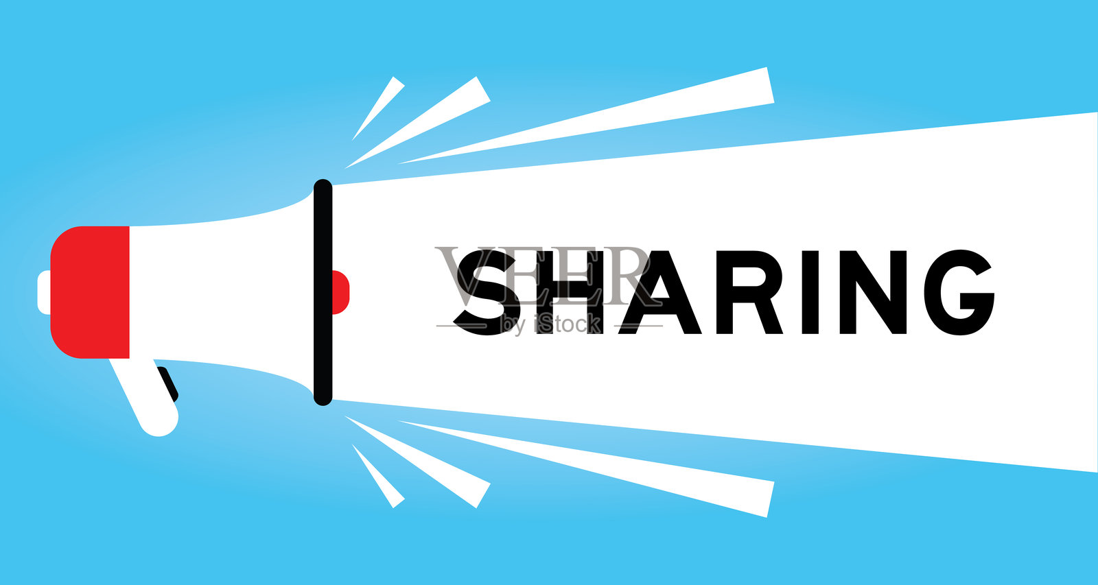 蓝色背景上的白色banner，带有“分享”字样的彩色喇叭图标插画图片素材