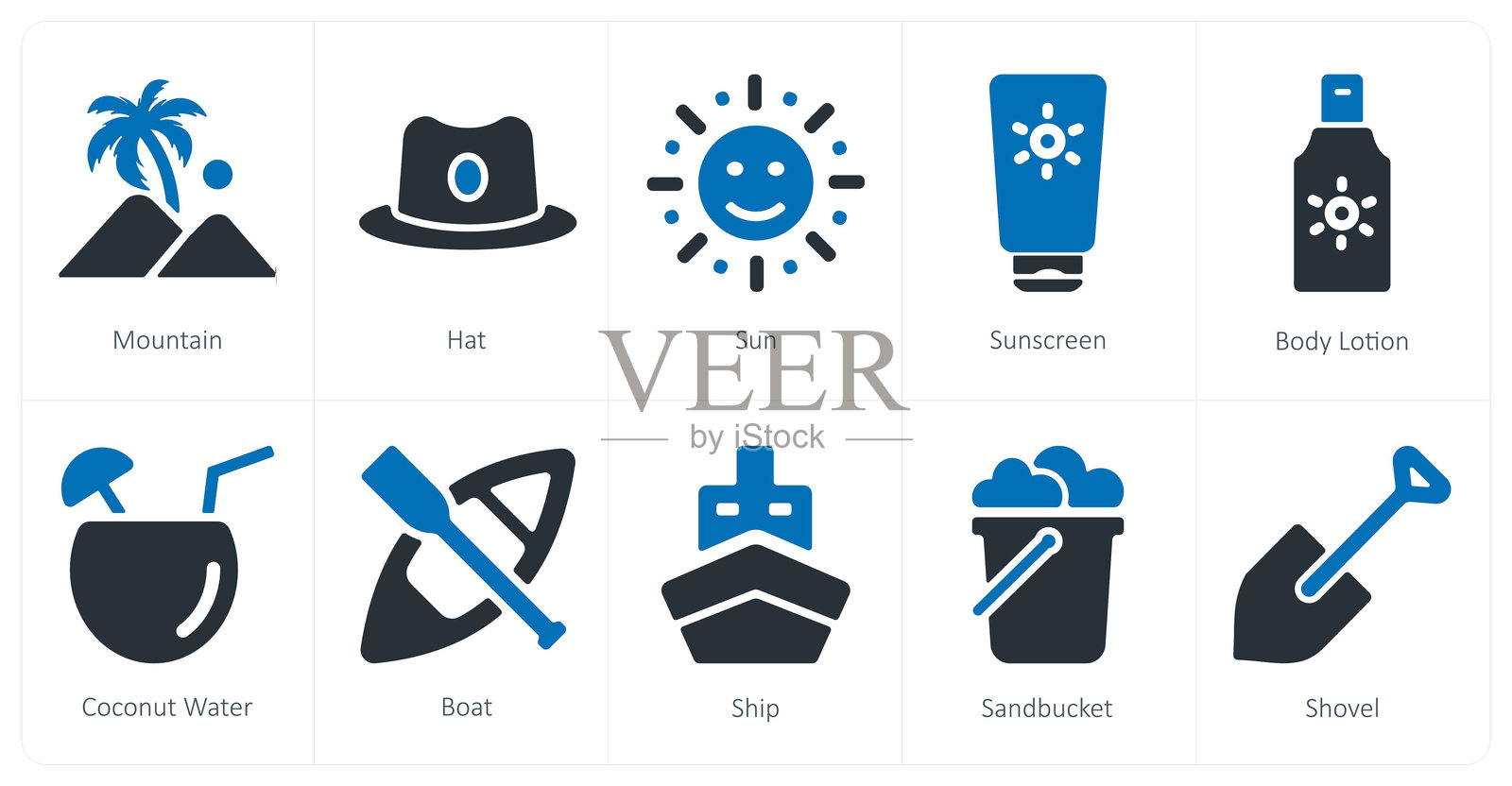 一组包含10个旅行和度假图标，如山、帽子、太阳等。插画图片素材