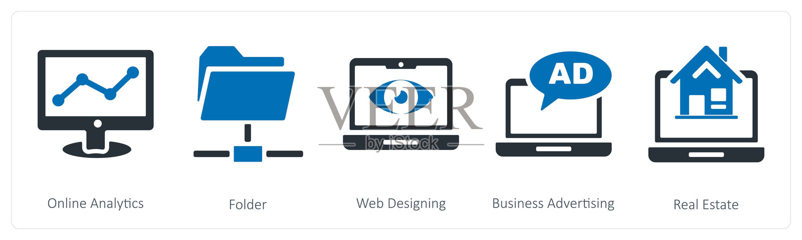 一组包含5个SEO和数字营销图标，包括在线分析、文件夹和网页设计。插画图片素材