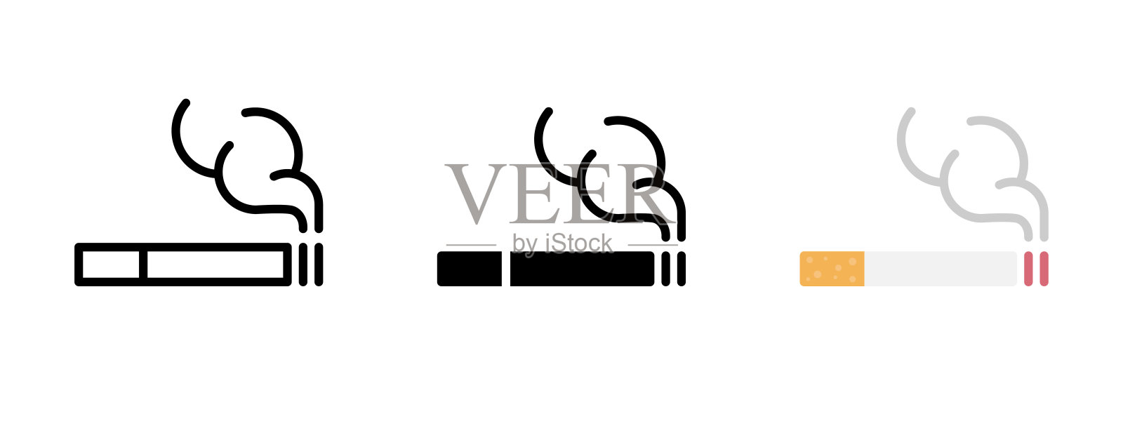 香烟图标。烟雾符号。吸烟室标志。吸烟者区域或区域矢量插图。尼古丁成瘾图标。坏习惯概念。烟灰缸标签。香烟简单扁平线图标。插画图片素材