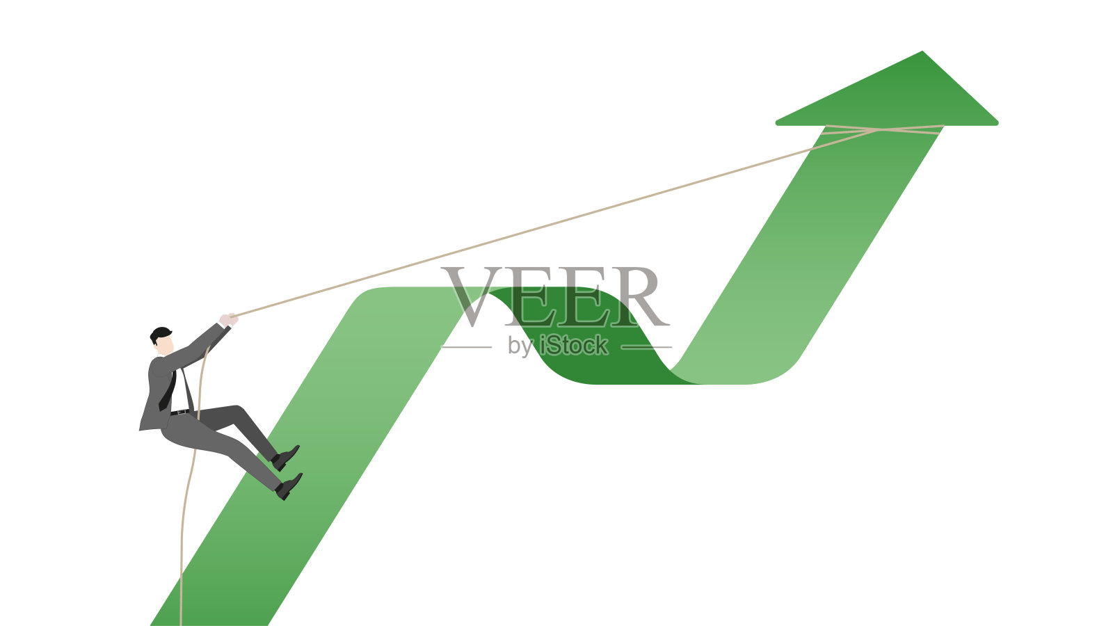 一位商人爬上绿色箭头上的一根绳子，象征着雄心、财务成功和业务增长，以及在达到职业里程碑、战略、机遇和投资成就方面的努力插画图片素材