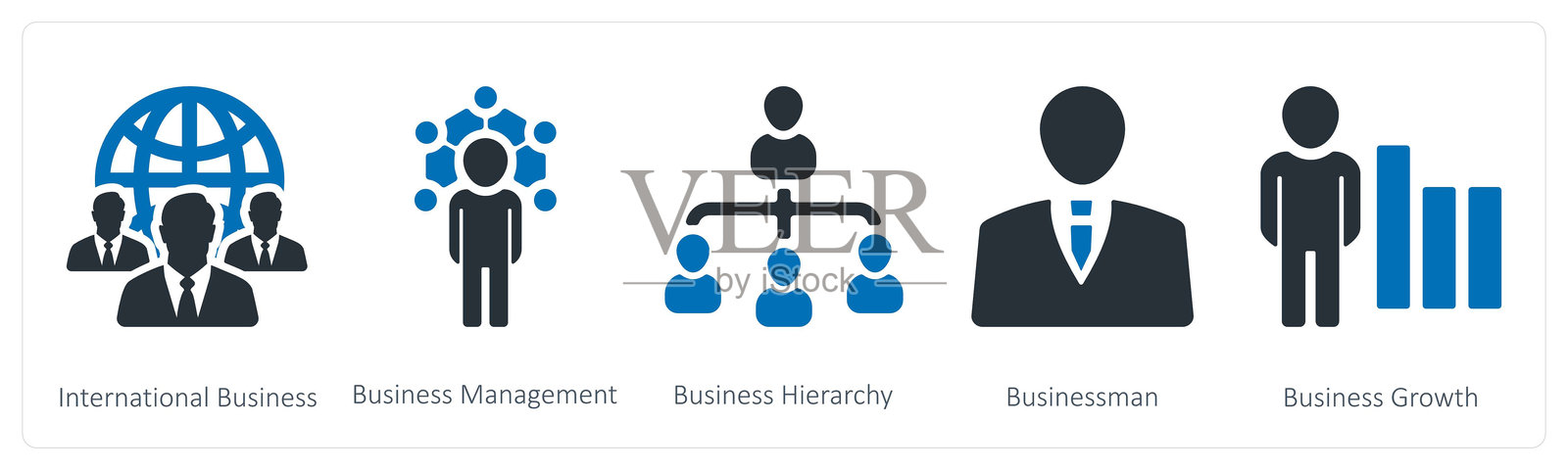 一组5个商业图标，代表国际商务、商业管理和商业层级插画图片素材