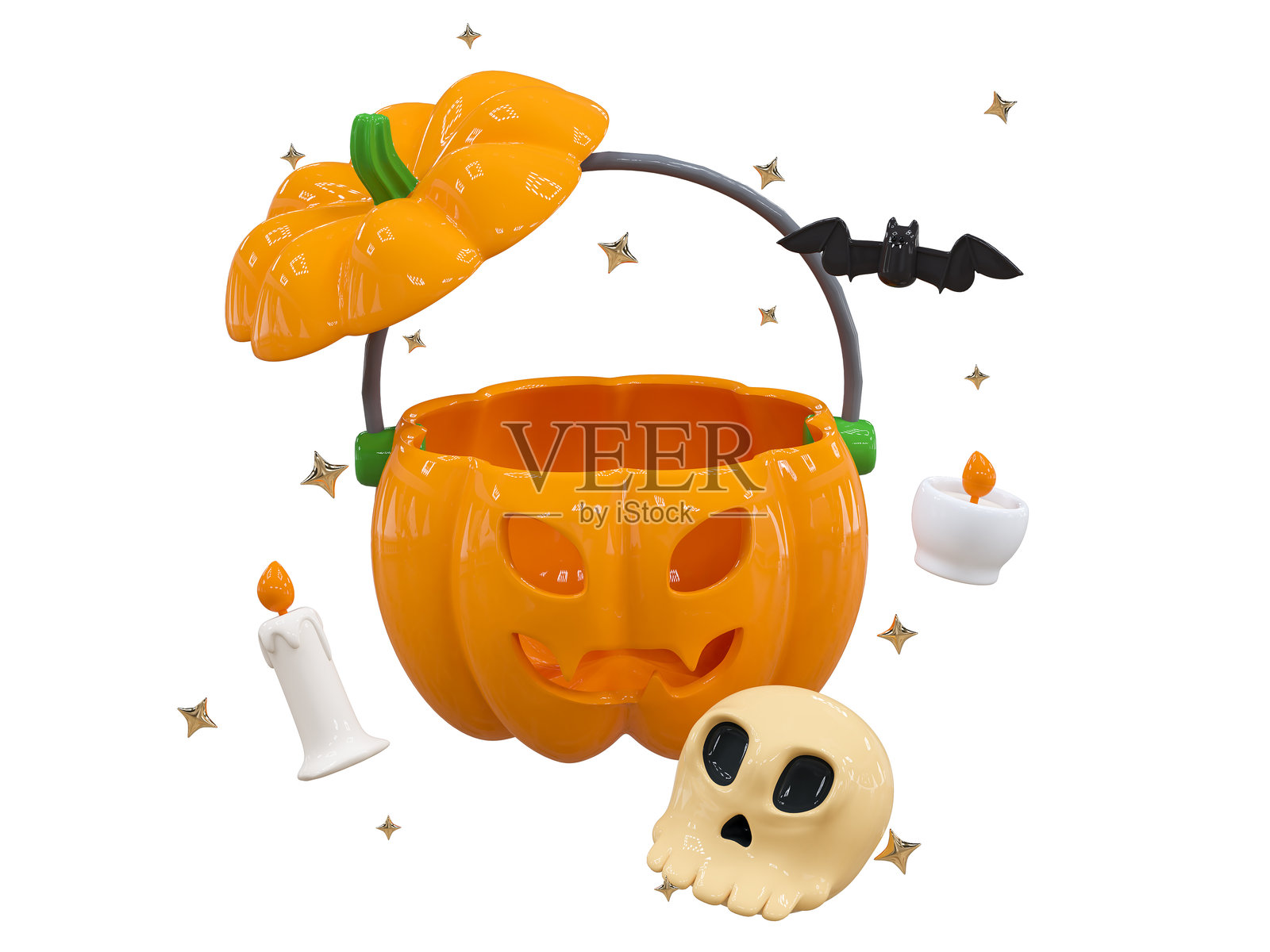 万圣节南瓜桶和糖果，周围环绕着万圣节装饰和可爱的鬼魂。适合用于横幅、海报、广告、宣传册、贺卡和邀请函的快乐万圣节庆祝概念。照片摄影图片