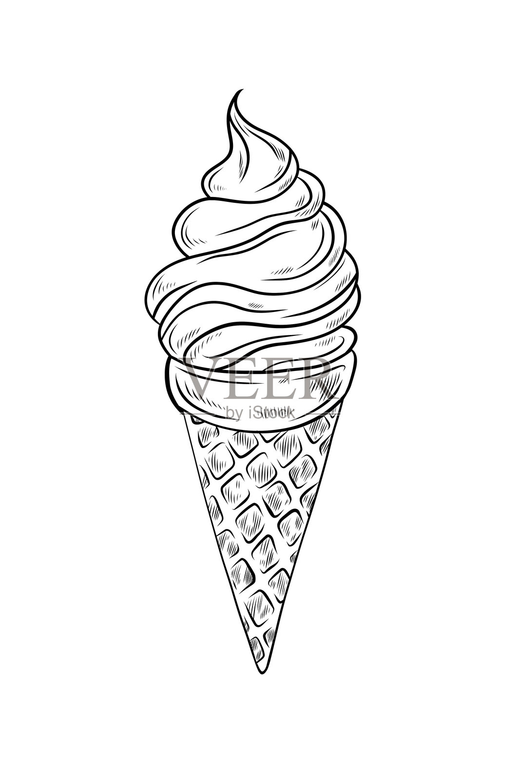 矢量冰淇淋线条黑白绘图。手绘风格的冰淇淋蛋筒插图，涂鸦风格，EPS 10。插画图片素材