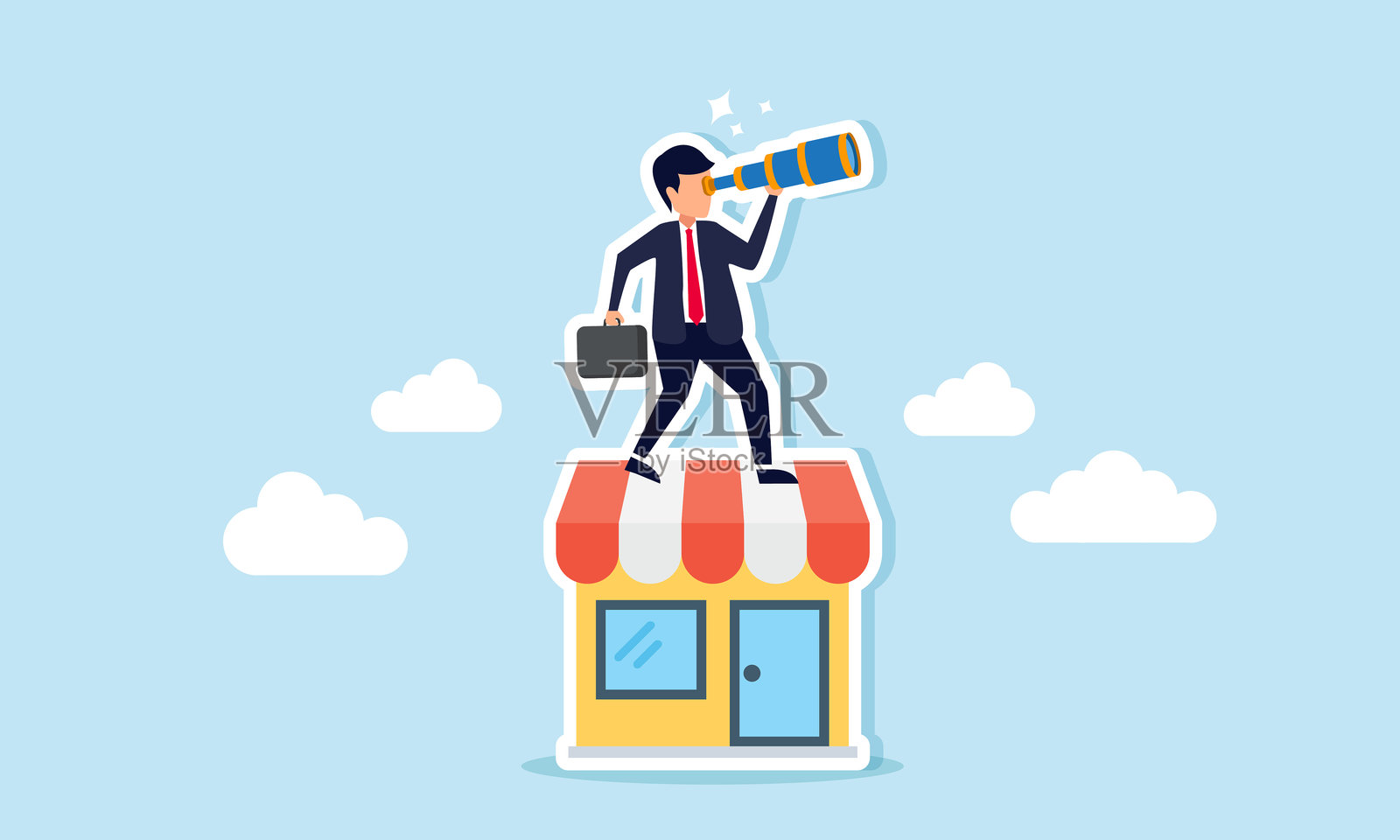 商人从商店顶部用望远镜观察，说明企业家在推广其业务或市场中的愿景插画图片素材