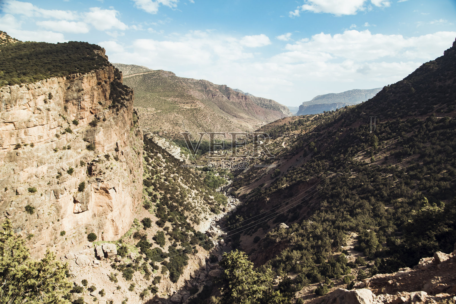 在广阔的蓝天下探索摩洛哥荒原的戏剧性山谷和崎岖地形照片摄影图片