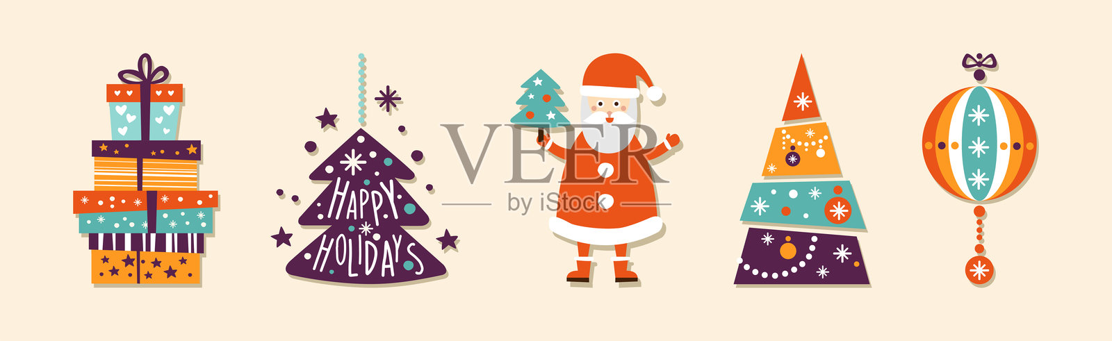 圣诞快乐和新年假期贴纸矢量套件插画图片素材