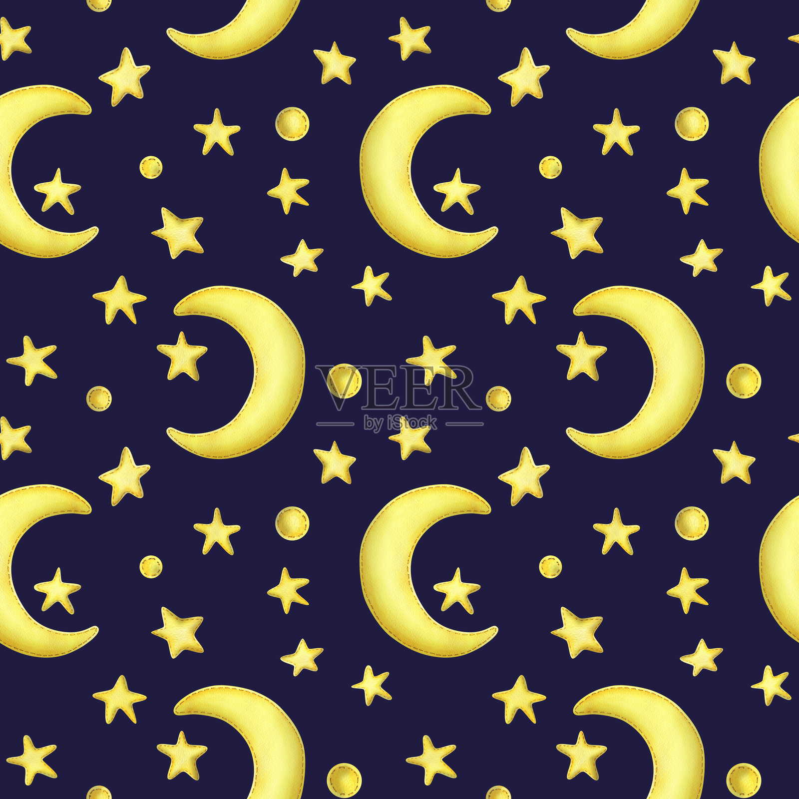 黄色半月与星星，采用布料和线缝制而成。水彩插图，手绘。深蓝色背景上的无缝图案。插画图片素材