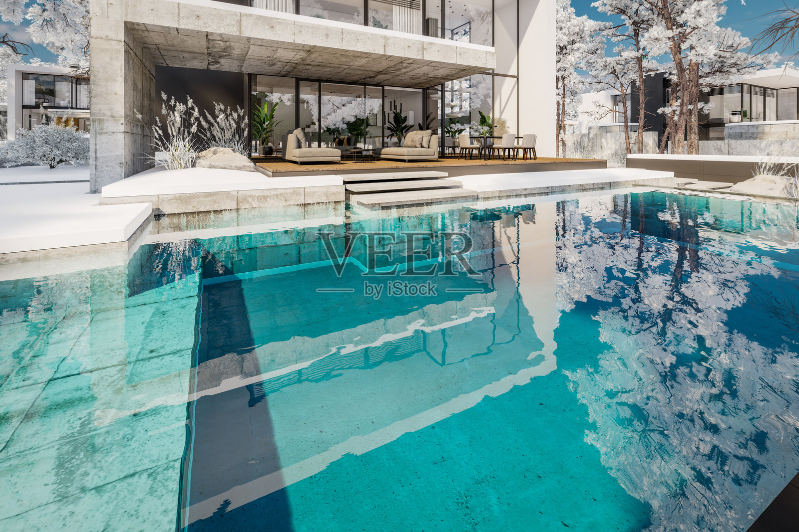 冬季混凝土外墙平顶房屋3D渲染照片摄影图片