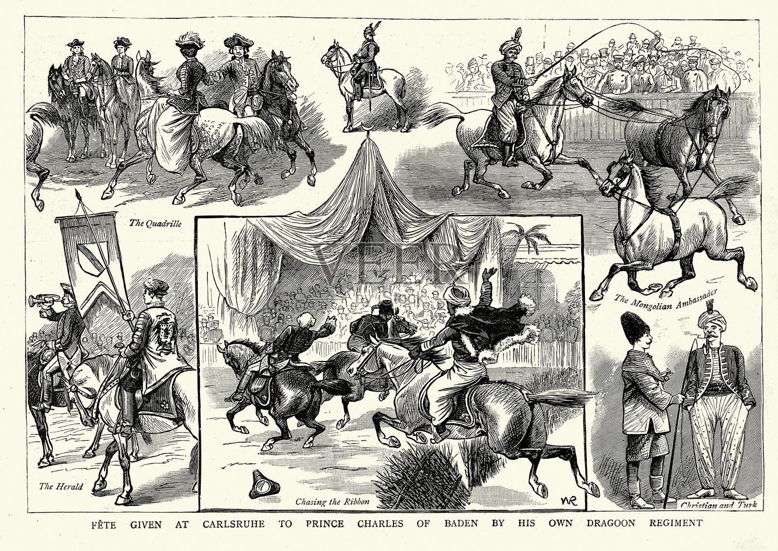 卡尔斯鲁厄（卡尔斯鲁厄）为巴登的查尔斯王子举办的庆祝活动，由他自己的龙骑兵团举办，1885年，19世纪，复古插图插画图片素材