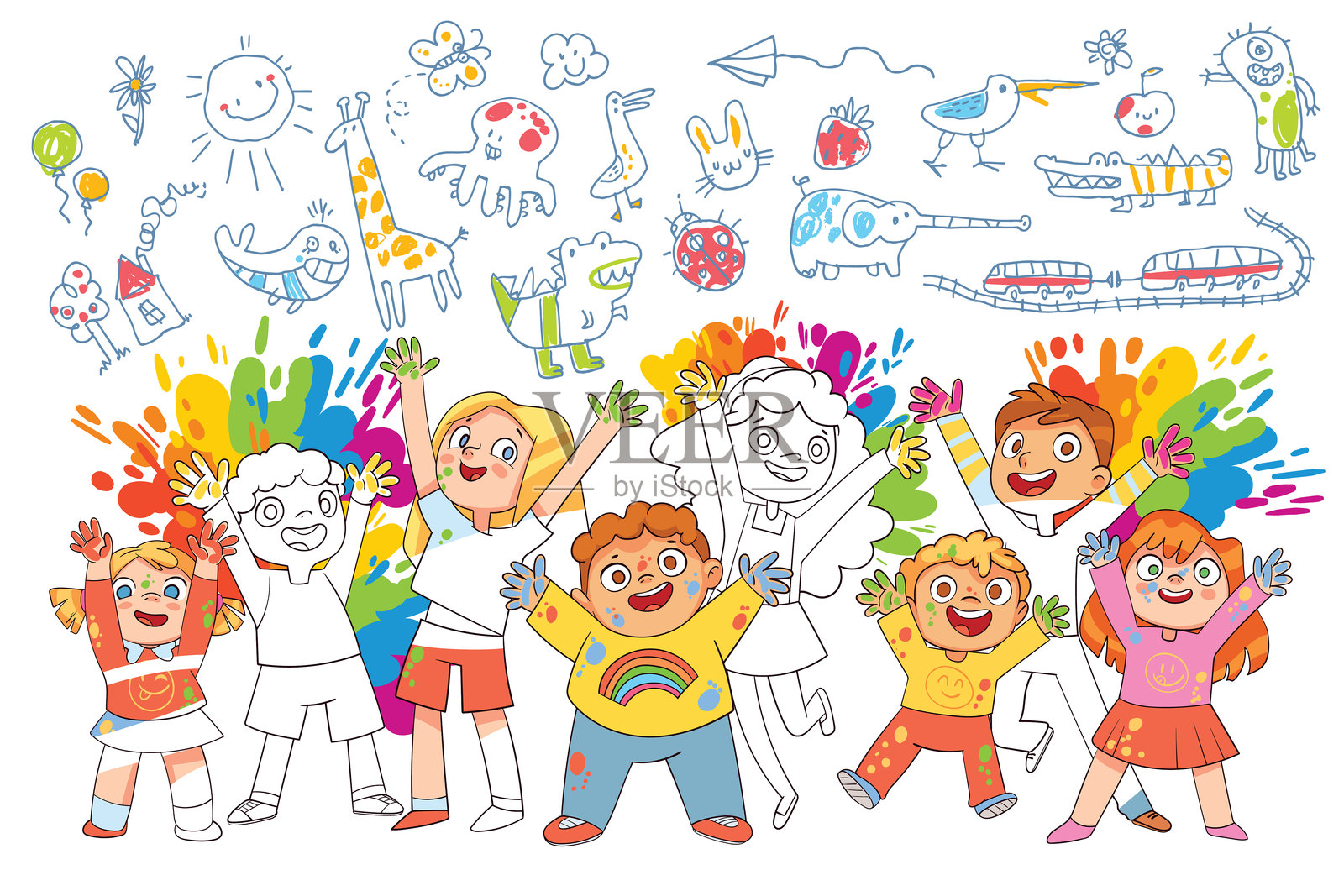 可爱的男孩和女孩角色用粉笔画涂鸦。背景中有五彩斑斓的色块。插画图片素材