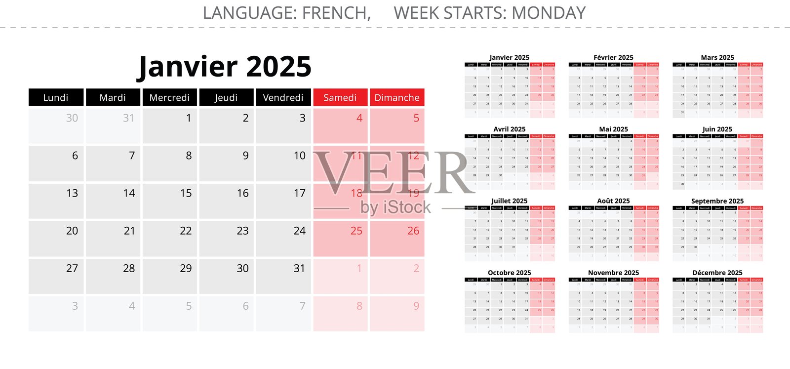 2025年法国页面日历。法国的矢量插图 - 日历插画图片素材