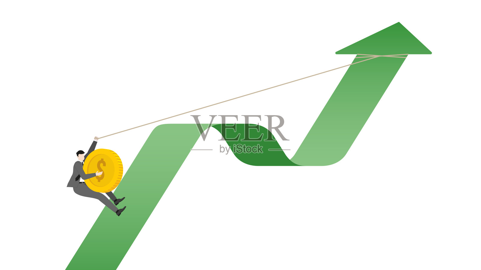 商人拿着硬币爬上绿色箭头，象征事业有成、 финансовый успех и инвестиции插画图片素材