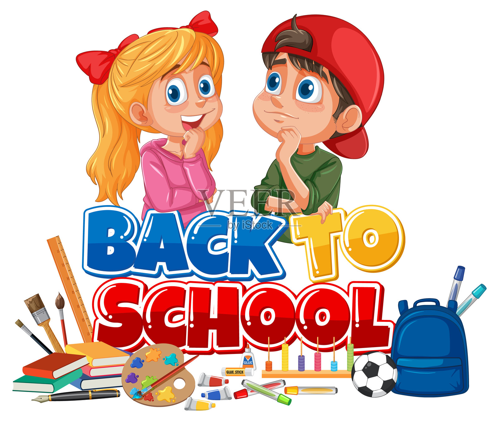 两个孩子与学习用品和文字插画图片素材