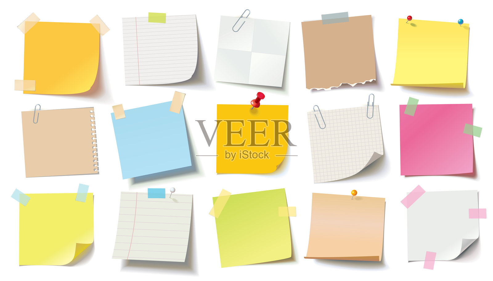 不同颜色的贴纸集合，带有卷边，随时可以写下您的信息插画图片素材