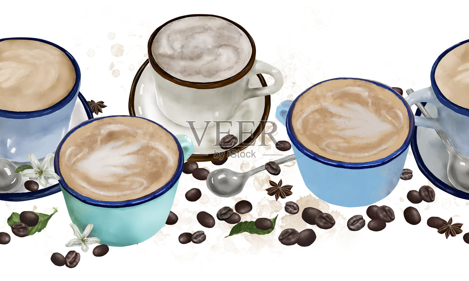 瓷杯和热腾腾的泡沫咖啡。水彩数字插图。烘焙咖啡豆孤立在白色背景上。横向无缝边框。茶杯和勺子。插画图片素材