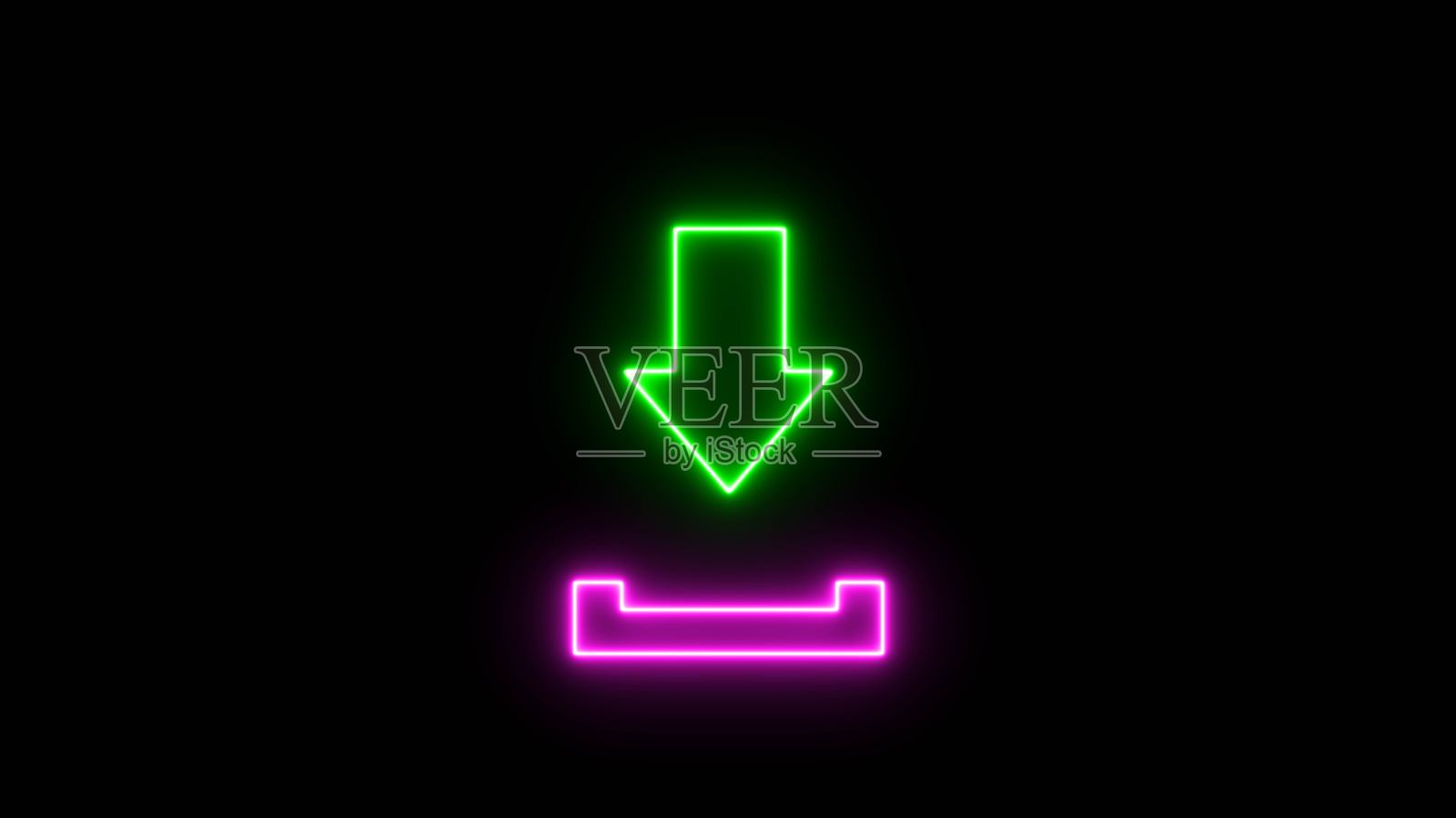 霓虹灯下载按钮图标，箭头符号。发光的霓虹灯下载标志，黑色背景上的明亮霓虹灯下载照片摄影图片