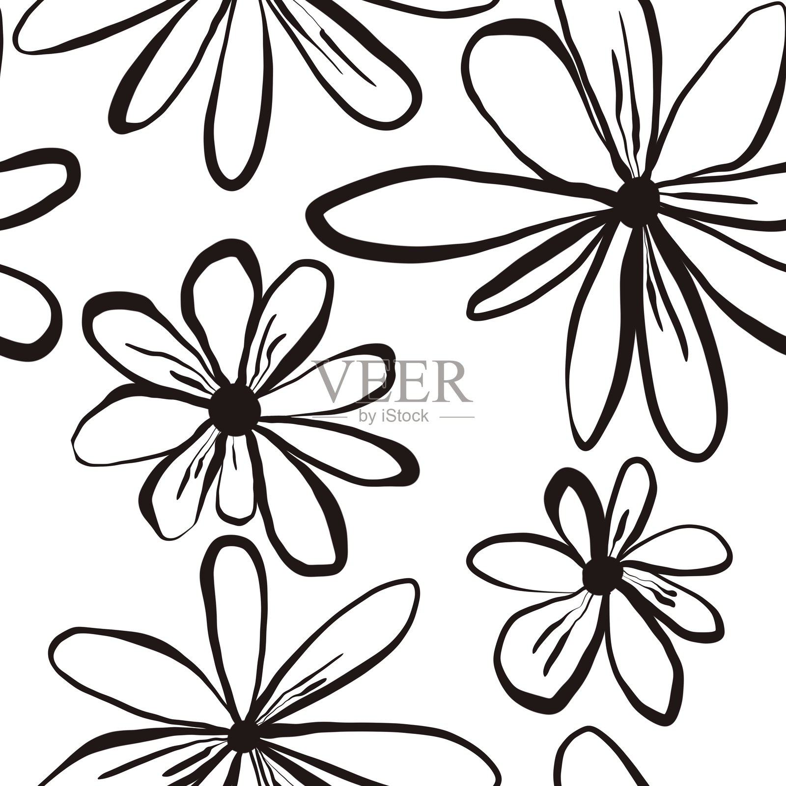 无缝抽象植物图案。简单的背景，黑白纹理。数字笔触。花卉。适用于纺织面料、包装纸、背景、壁纸、封面设计。插画图片素材