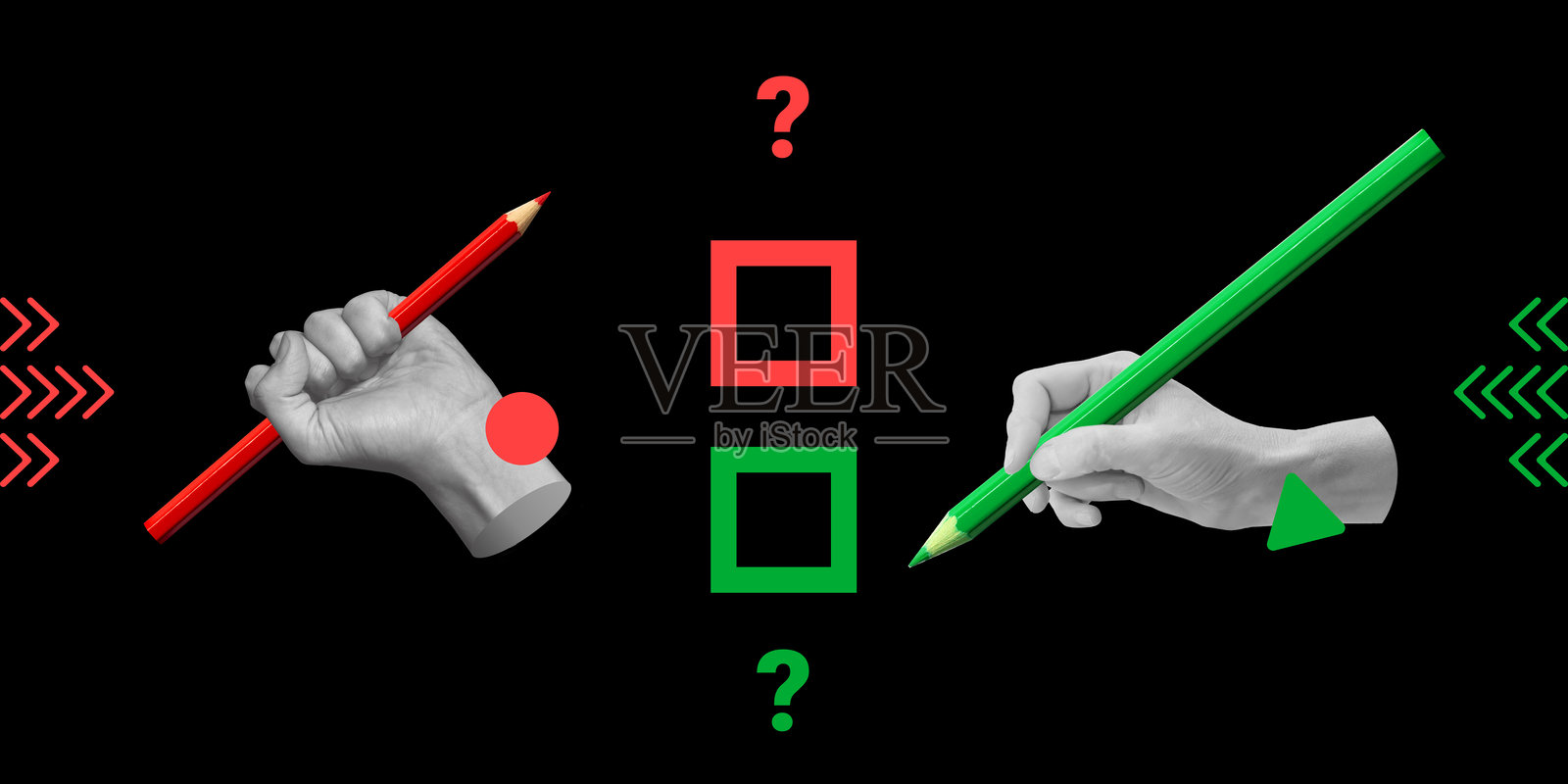 决策、投票、选举概念。两只手握着红色和绿色铅笔进行投票，极简艺术拼贴照片摄影图片