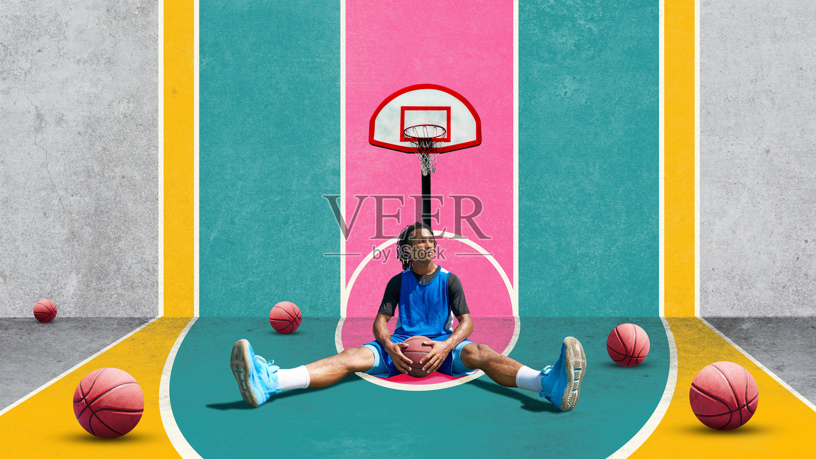 篮球运动员坐在彩色抽象球场上，周围都是球。当代艺术拼贴照片摄影图片