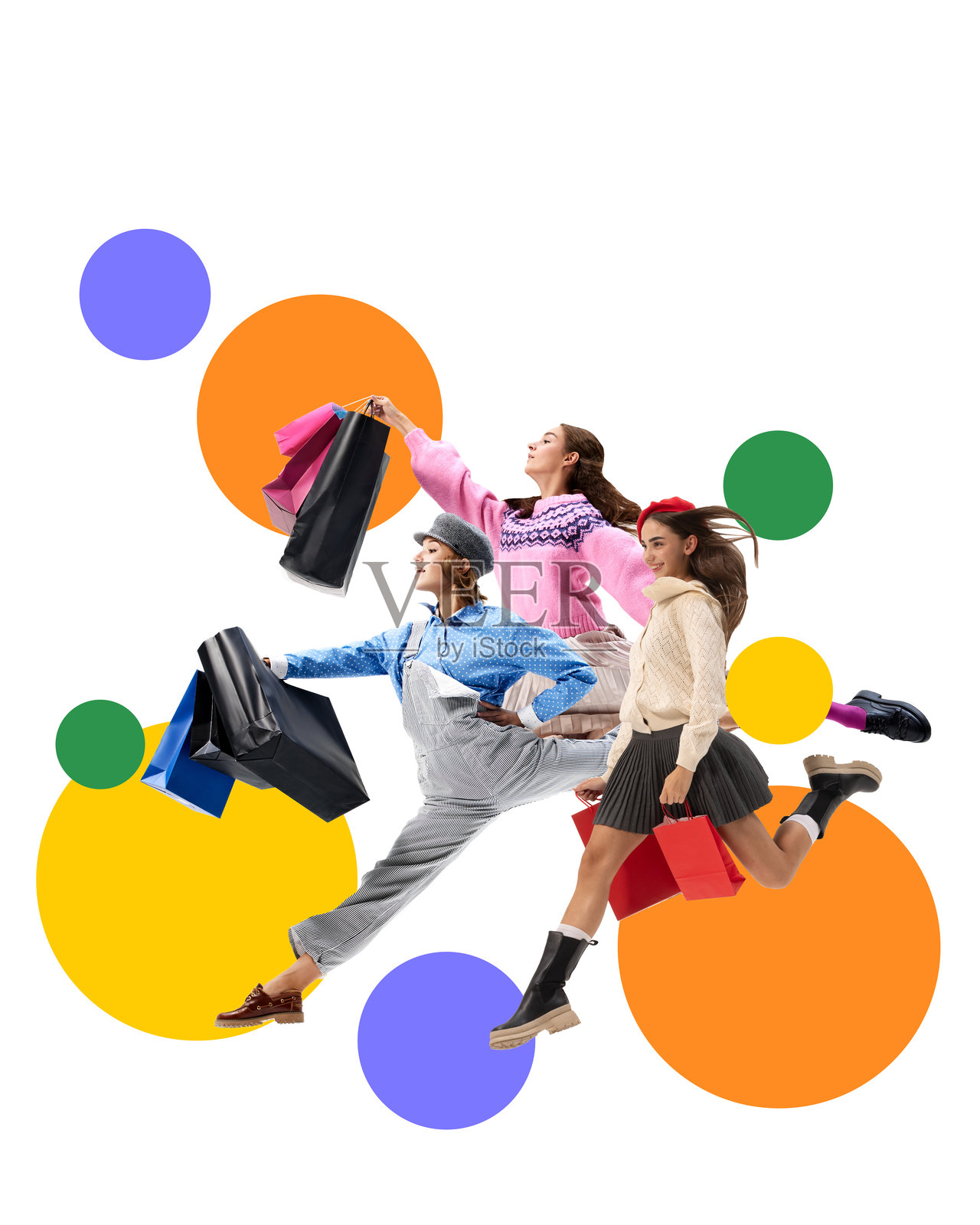 海报。现代艺术拼贴。兴奋的购物者手提购物袋，飞奔向促销，准备以时尚的方式抢购黑色星期五的最佳优惠。照片摄影图片