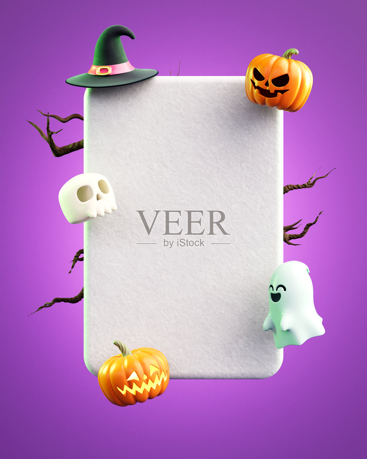 一个空白文本框，用于“万圣节快乐”信息，背景为紫色，配有南瓜、女巫帽、骷髅和鬼魂，适合社交媒体帖子或故事模板的3D插图。照片摄影图片