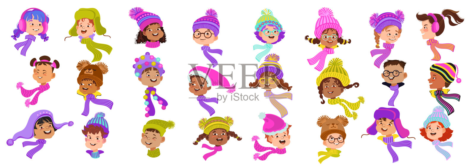 快乐的卡通儿童。冬季肖像头像系列。矢量插图。插画图片素材