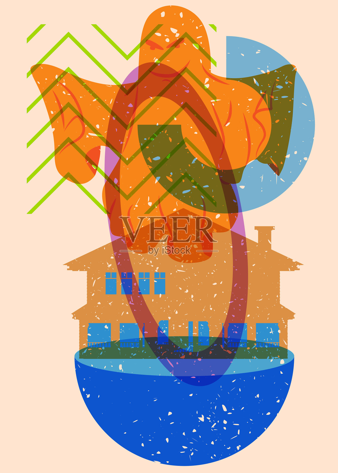 万圣节幽灵与房子的瑞士印刷风格，搭配几何形状。时尚的瑞士印刷纹理设计，融入几何元素。插画图片素材