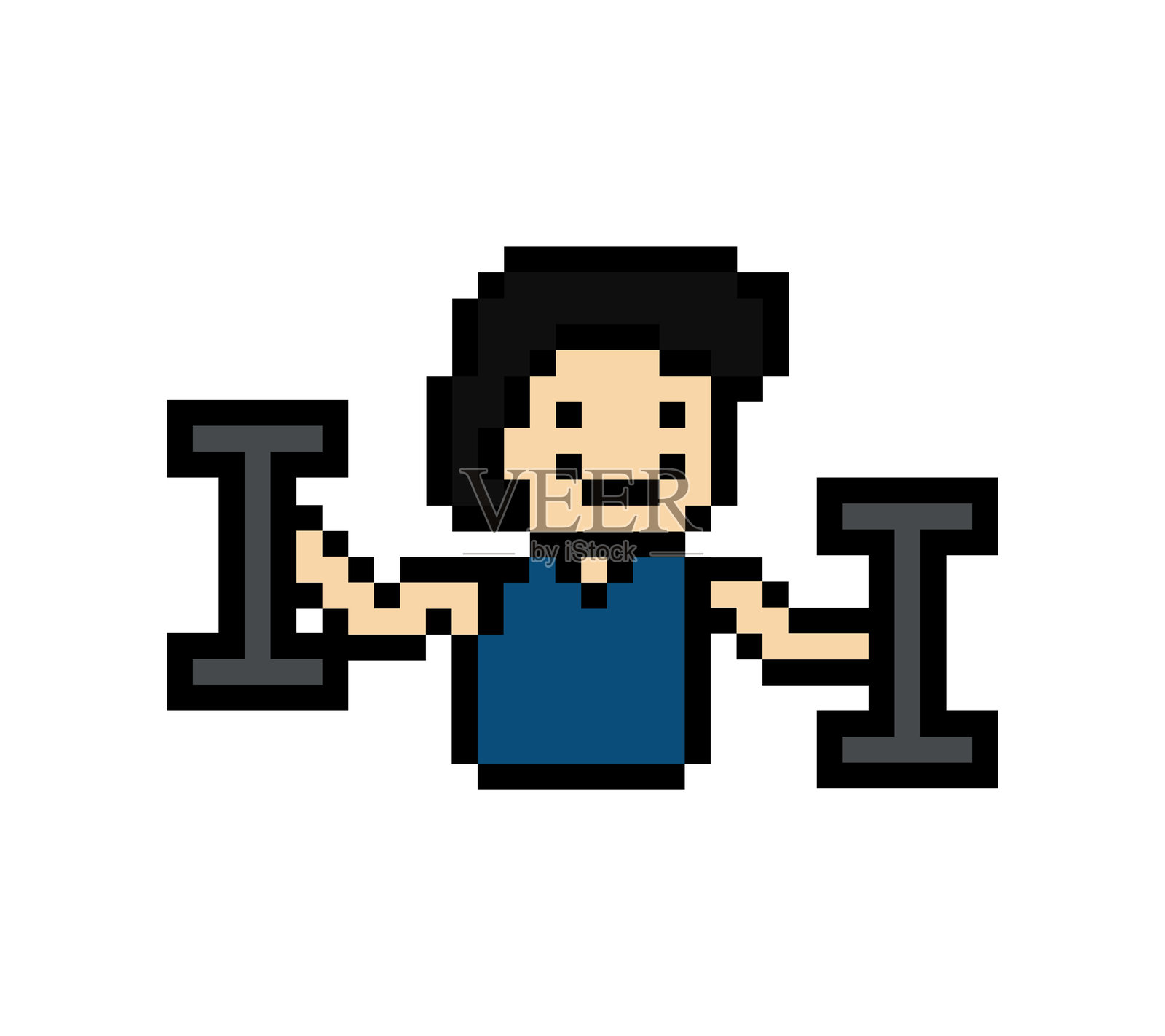 可爱的像素卡通8位男士举重，使用哑铃，健身生活方式，健身房装饰，8位男性男孩健身，孤立矢量图。插画图片素材