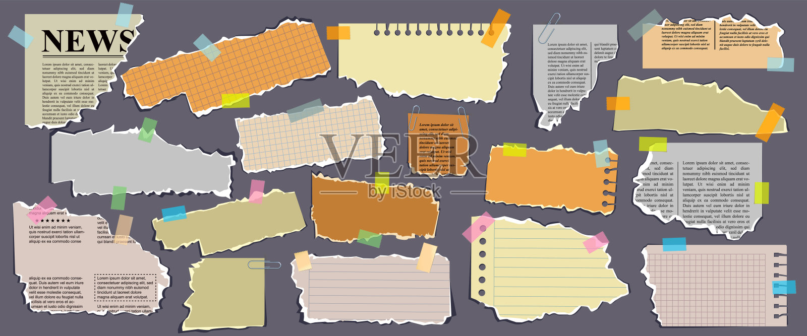 一组撕裂的纸张、笔记本纸和用透明胶带粘贴的旧报纸插画图片素材