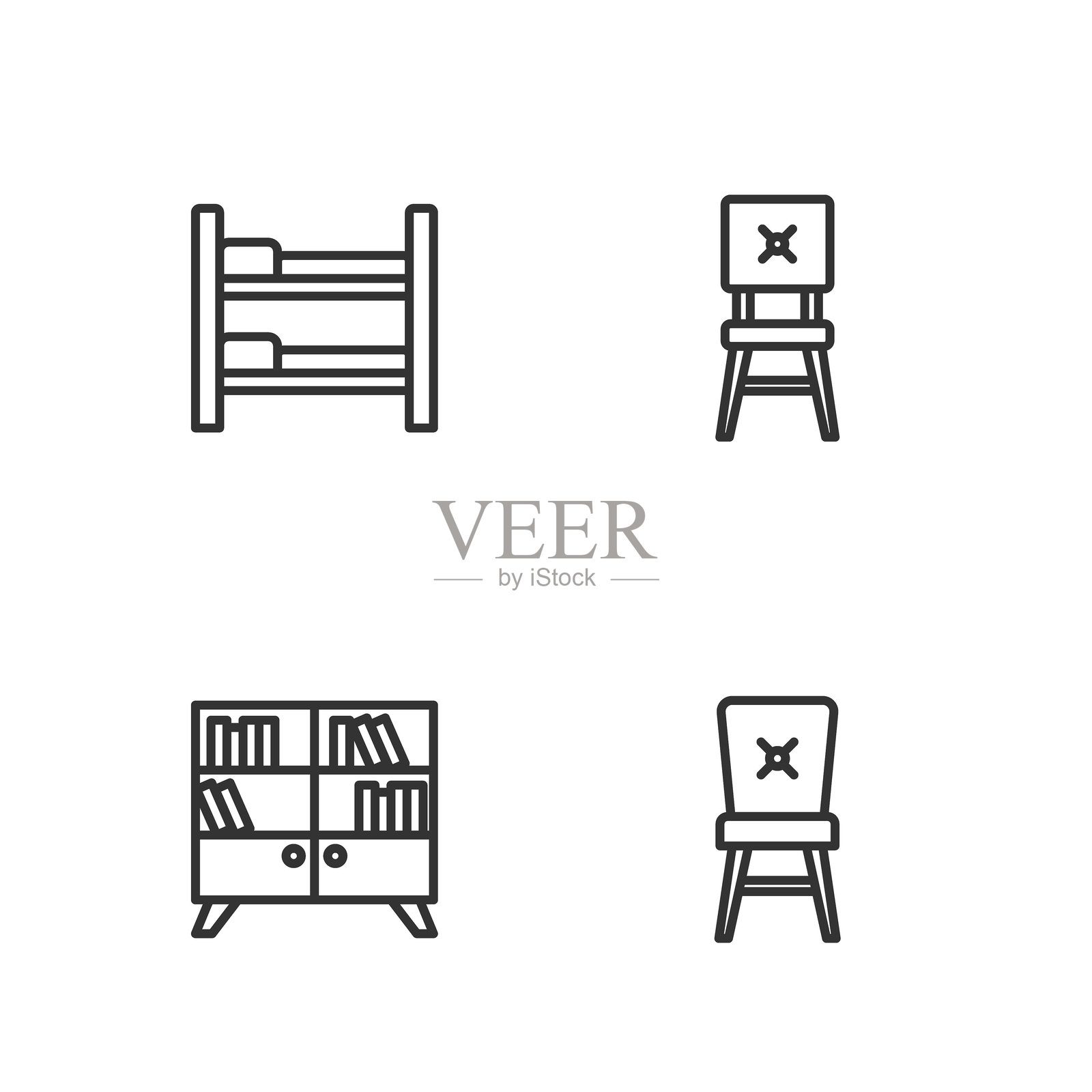 线条椅子、图书馆书架、双层床和图标。矢量图。插画图片素材
