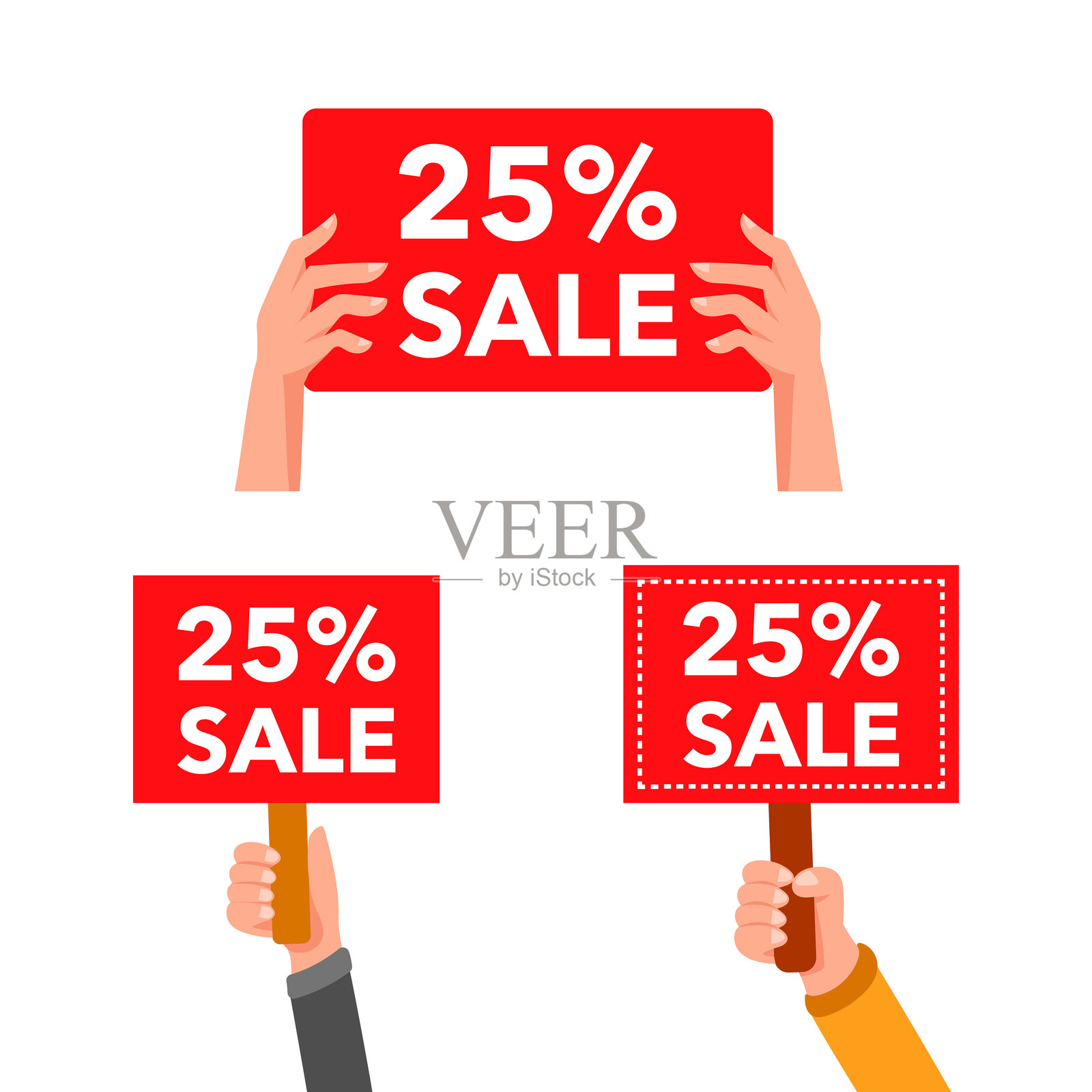 人们以不同姿势拿着红色25%促销标志插画图片素材