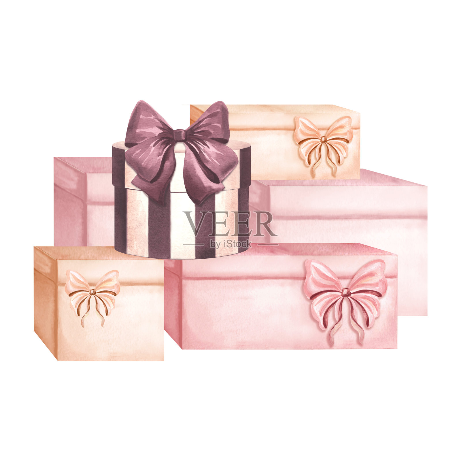 粉色条纹礼品盒，带有蝴蝶结。用于礼物的纸板容器。手绘水彩插图，独立展示。零售或节日惊喜的包装模板。卡片、情人节、贴纸的剪贴画。插画图片素材
