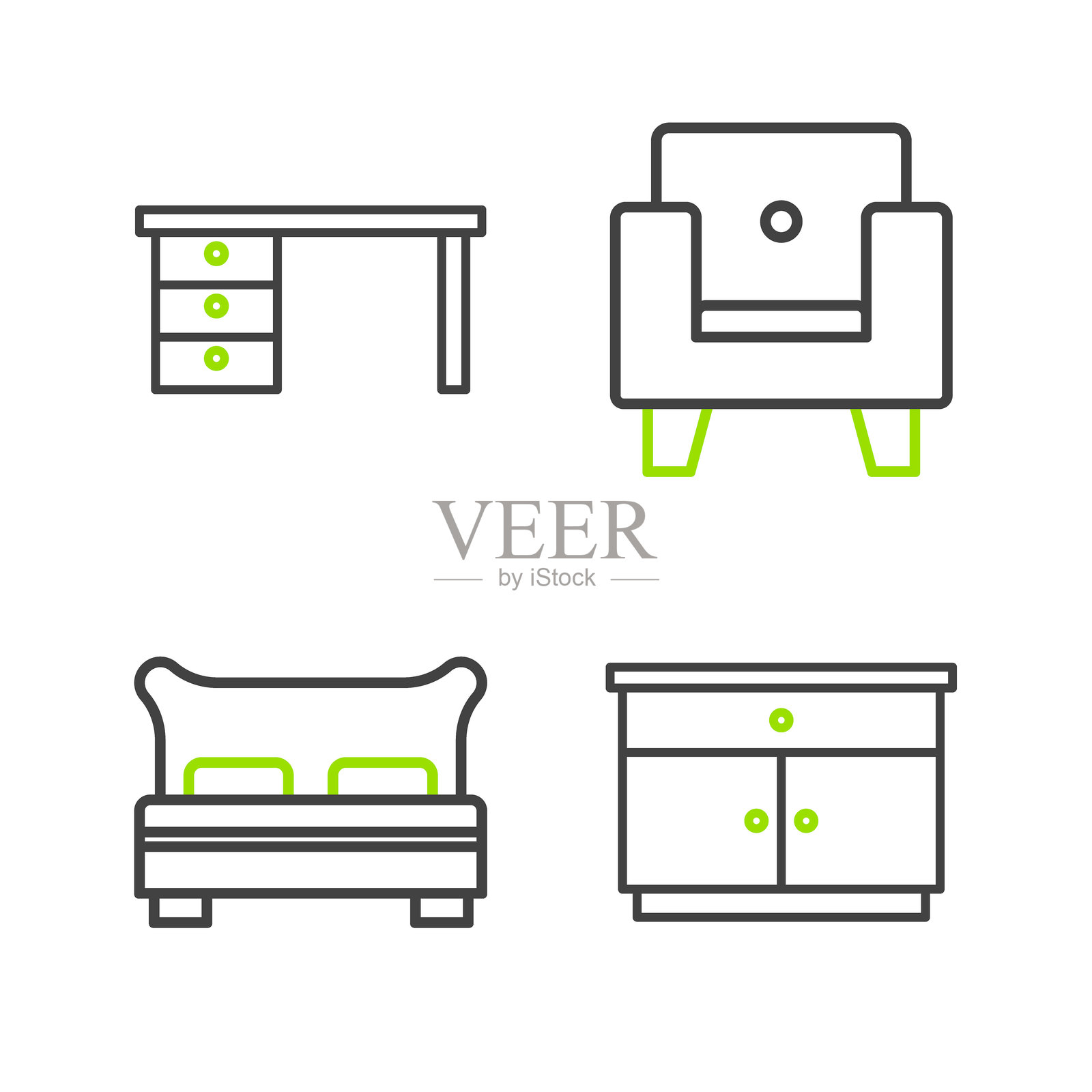 设置线条家具：床头柜、大床、扶手椅和办公桌图标。矢量图。插画图片素材