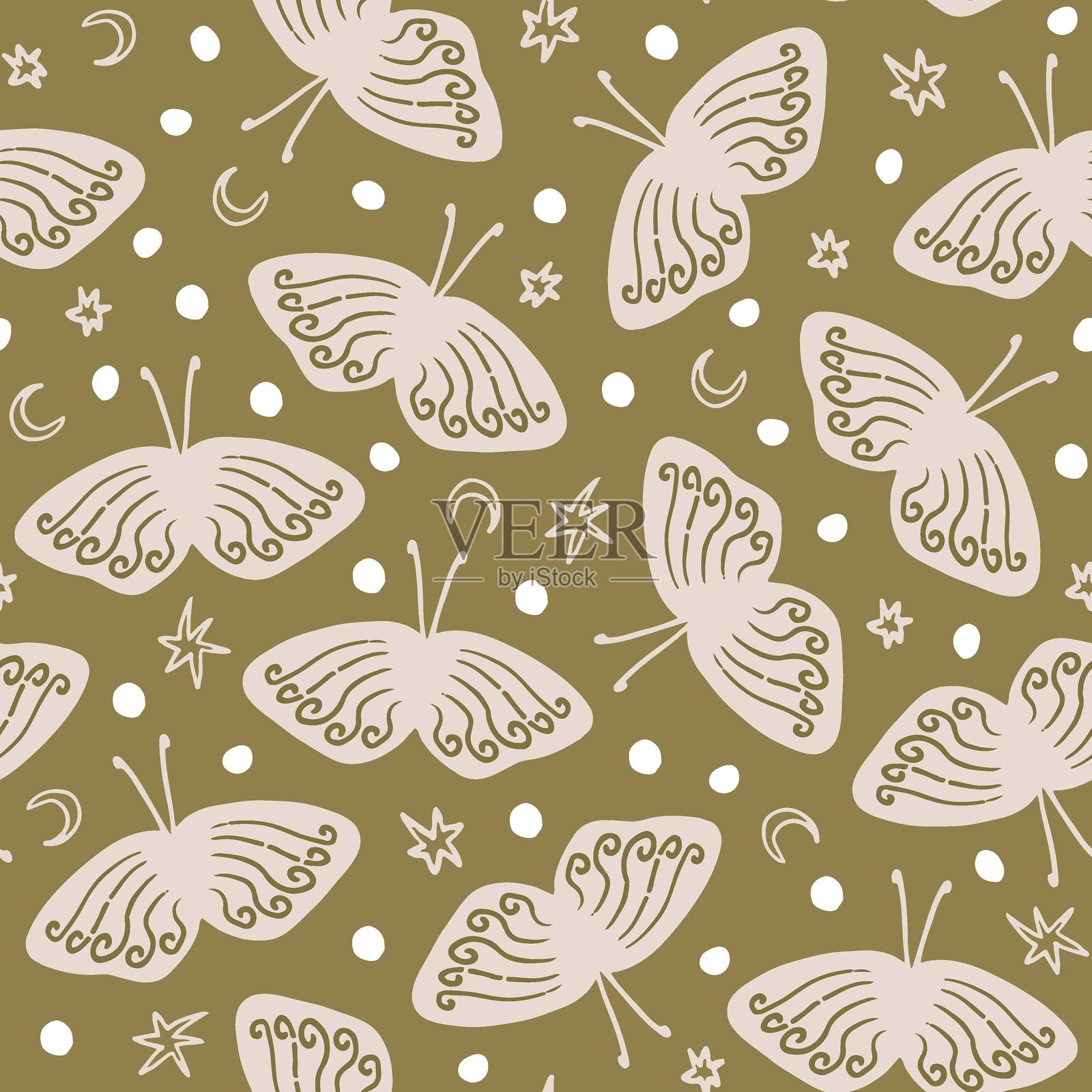 夜间蝴蝶与星星、月牙和点的无缝图案。波西米亚风格，卡通手绘蛾子图案，适用于纸张和面料设计。插画图片素材