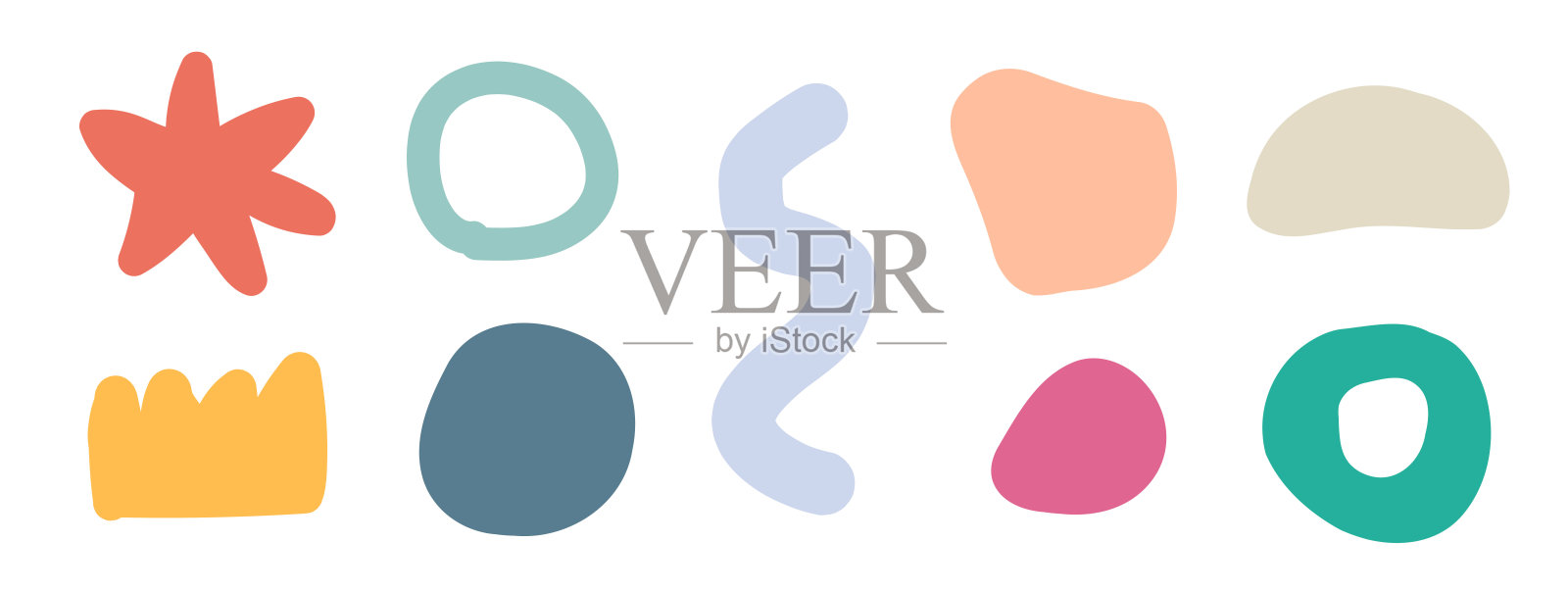 抽象可爱卡通形状手绘图标元素矢量简单色彩图形插图集，趣味波浪儿童风格流动液体花朵星星图形剪贴画，儿童涂鸦贴纸插画图片素材