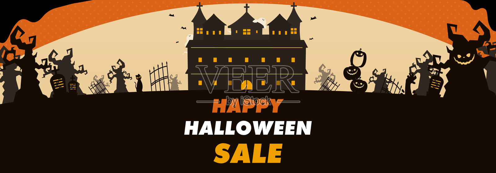 万圣节促销广告横幅背景模板，装饰有阴森的森林和鬼屋（橙色）插画图片素材