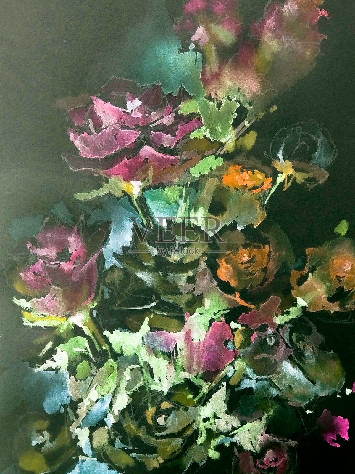 抽象明亮色彩的装饰背景。手工制作的花卉图案。美丽温柔浪漫的花束。插画图片素材