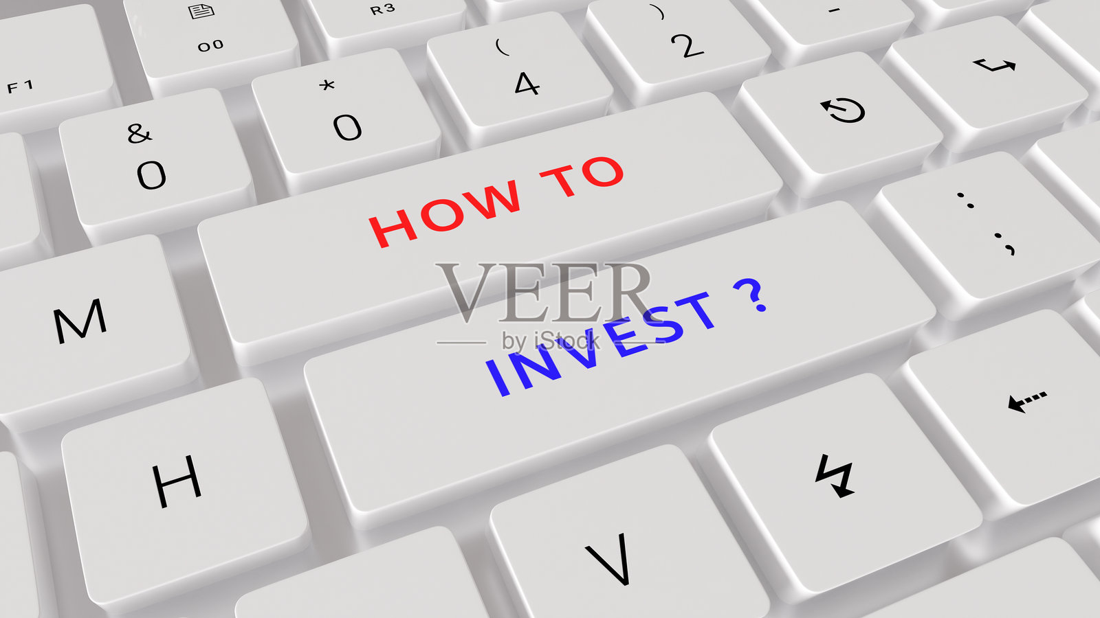 白色键盘上写着“如何投资”。看涨的股市。计算机键盘文字3D渲染。照片摄影图片