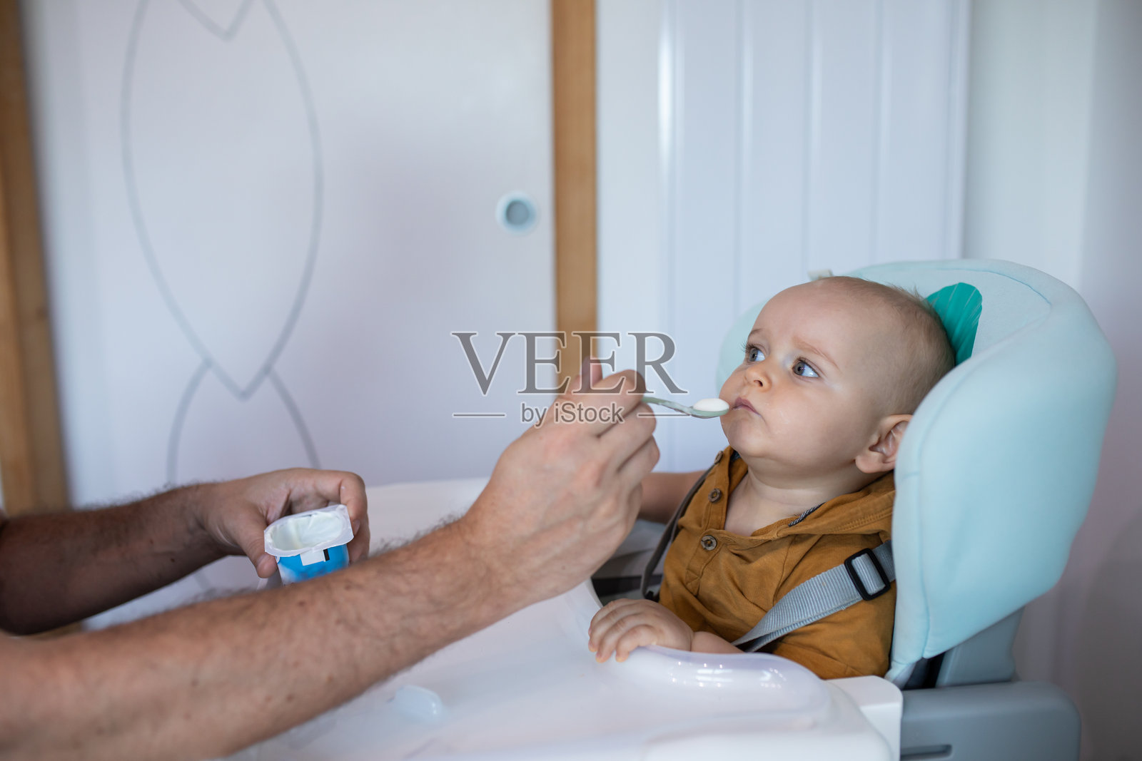 婴儿在高椅上被一只男人的手用勺子喂食，表现出专注和认真，正在吃他的第一口固体食物，进行食物多样化。照片摄影图片
