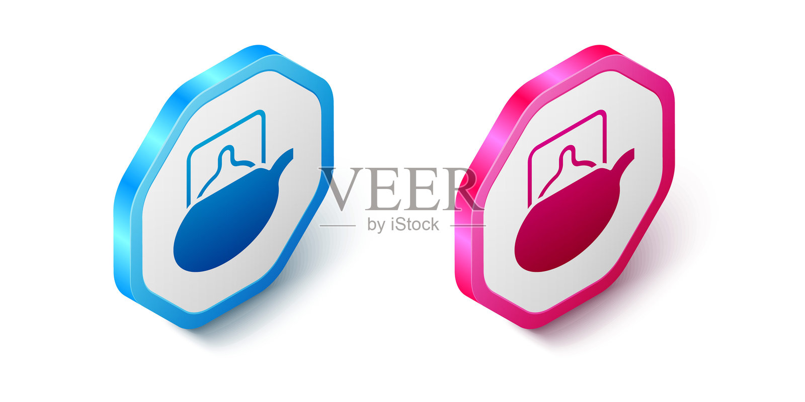 传统茶道图标，孤立在白色背景上。茶壶与茶杯。六边形按钮。矢量图。插画图片素材