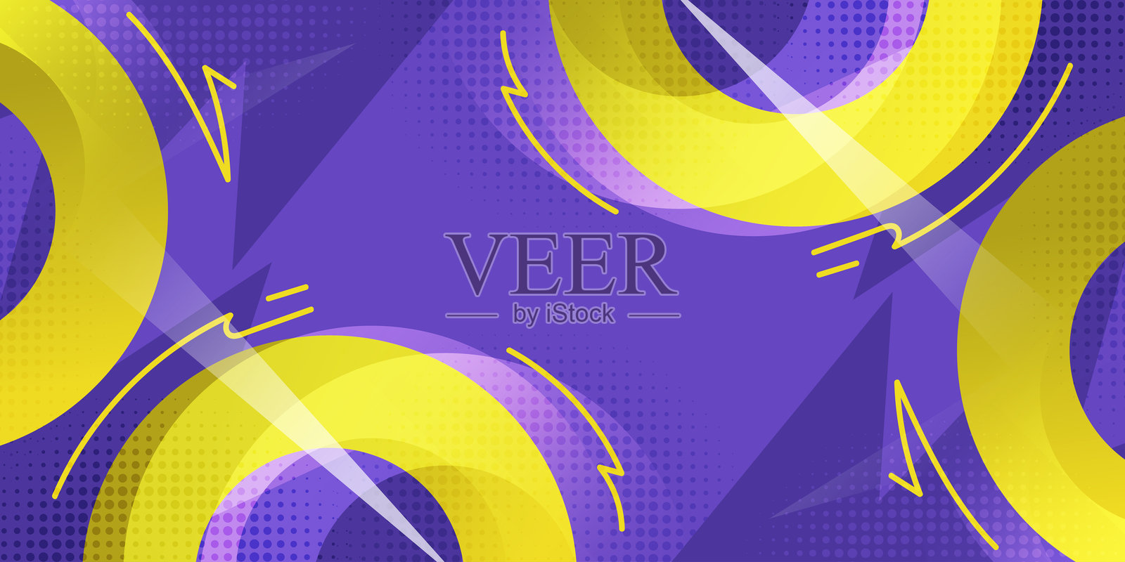 充满活力的几何抽象设计，紫色背景上的黄色圆圈插画图片素材