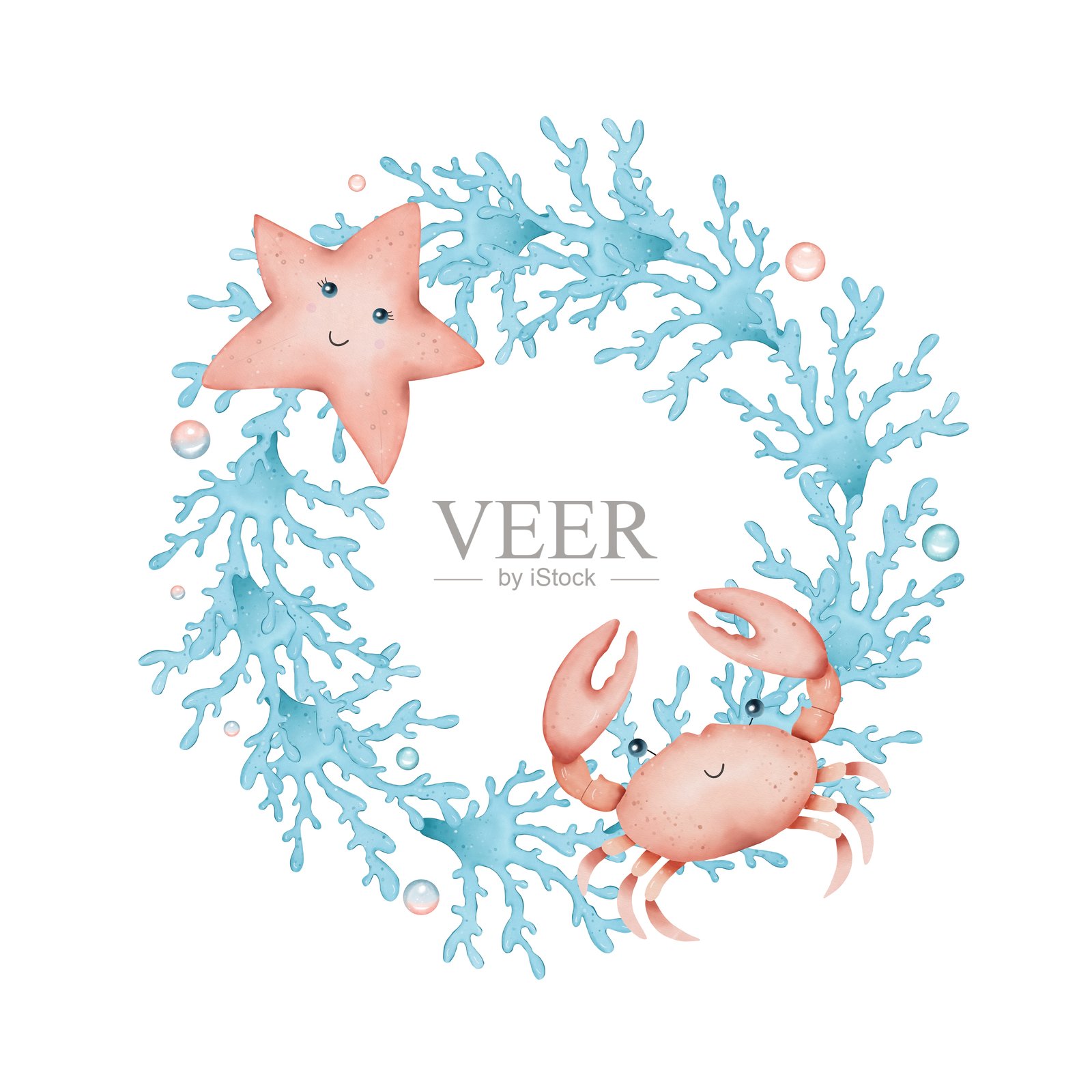 海洋花环，包含海洋动物，螃蟹和海星。水下世界。手绘水彩插图插画图片素材