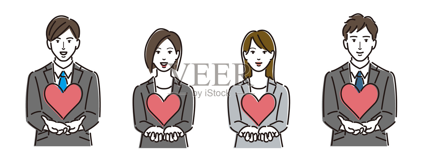 一组穿着西装的男女手持心形物品插画图片素材