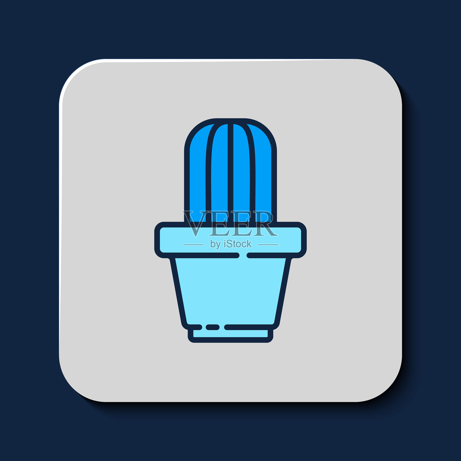 填充轮廓的仙人掌和多肉植物图标，背景为蓝色。植物在花盆中生长。盆栽植物标志。矢量图。插画图片素材